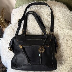 The Sak Black Leather Shoulder Bag with Gold Accents